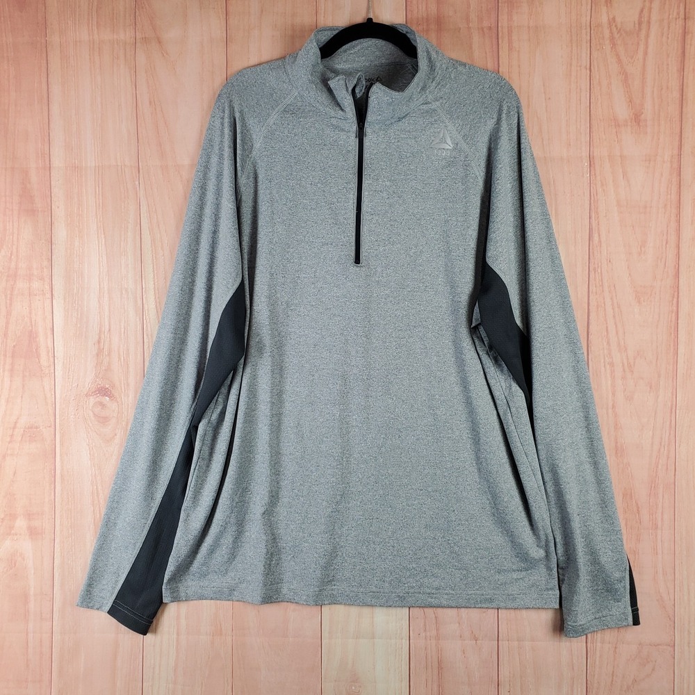 Reebok Athletic Top Mens XL Heather Gray Stretch Logo Mock Neck Quarter Zip